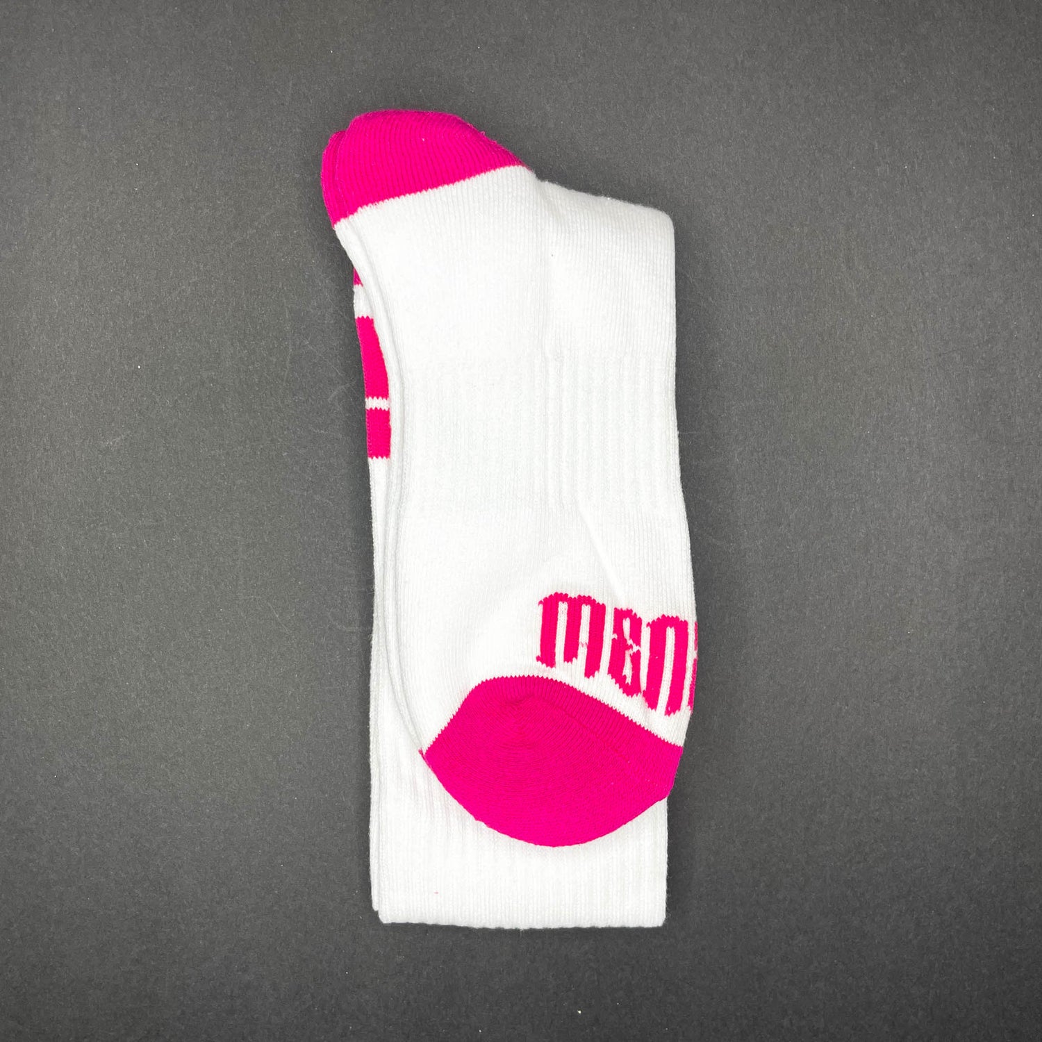 Menace Clothing pink and white Hood Rat knee high socks with Menace on toes.